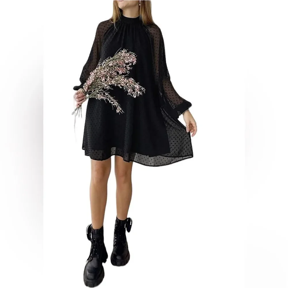 Long Sleeve Wedding Guest Dresses Flowy Chiffon Swiss Dot Casual Midi Dress L